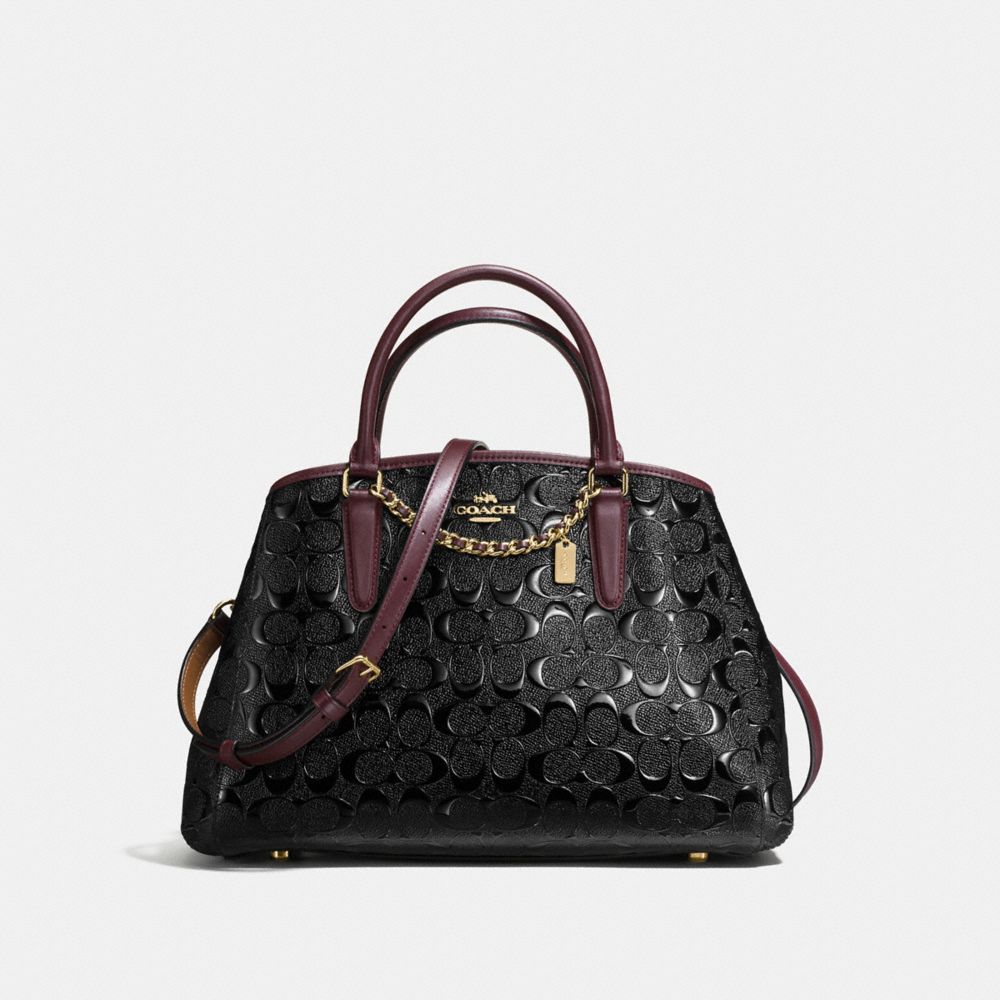 COACH F55451 Small Margot Carryall In Signature Debossed Patent Leather IMITATION GOLD/BLACK OXBLOOD