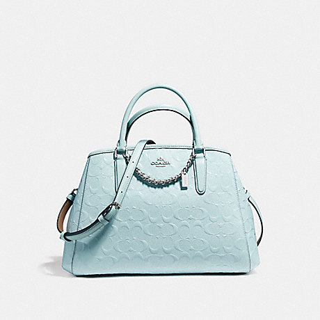 COACH f55451 SMALL MARGOT CARRYALL IN SIGNATURE DEBOSSED PATENT LEATHER SILVER/AQUA