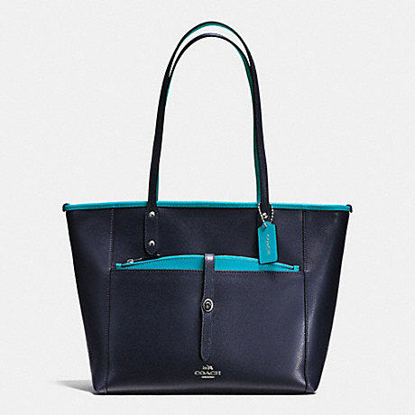 COACH f55469 CITY TOTE WITH POUCH IN CROSSGRAIN LEATHER SILVER/MIDNIGHT TURQUOISE