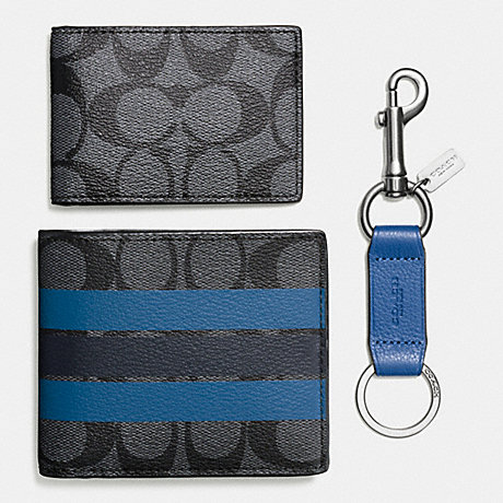 COACH f55485 BOXED 3-IN-1 WALLET IN VARSITY SIGNATURE COATED CANVAS CHARCOAL/MIDNIGHT NAVY