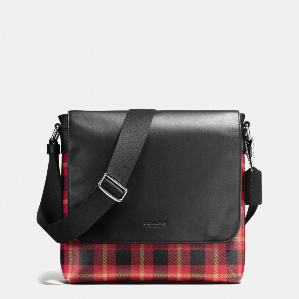 COACH f55490 CHARLES SMALL MESSENGER IN PRINTED COATED CANVAS BLACK/RED PLAID BLACK