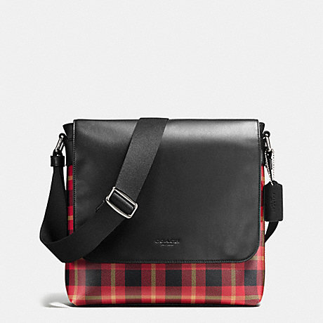 COACH F55490 CHARLES SMALL MESSENGER IN PRINTED COATED CANVAS BLACK/RED-PLAID-BLACK