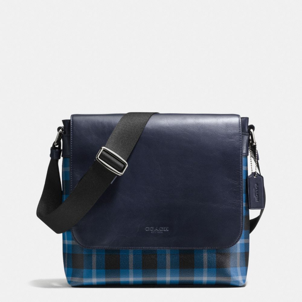 COACH F55490 Charles Small Messenger In Printed Coated Canvas BLACK/DENIM PLAID