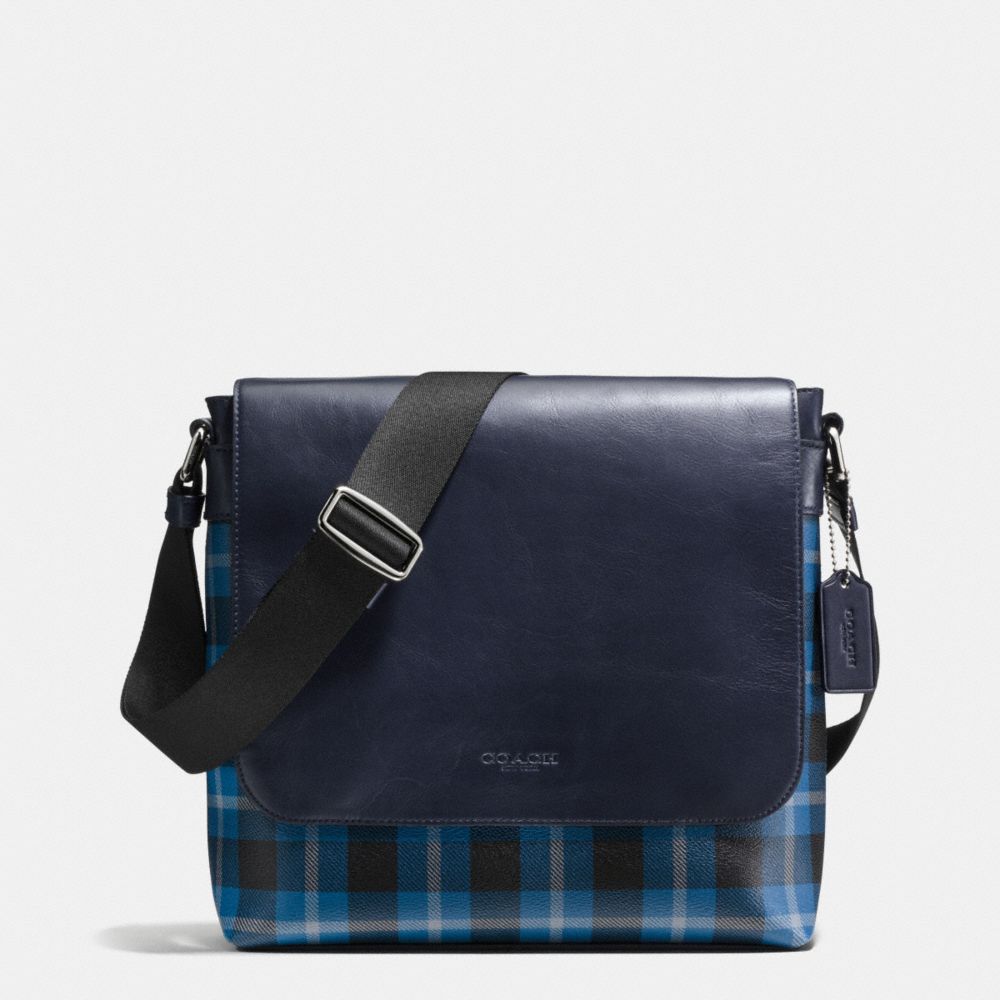 COACH f55490 CHARLES SMALL MESSENGER IN PRINTED COATED CANVAS BLACK/DENIM PLAID