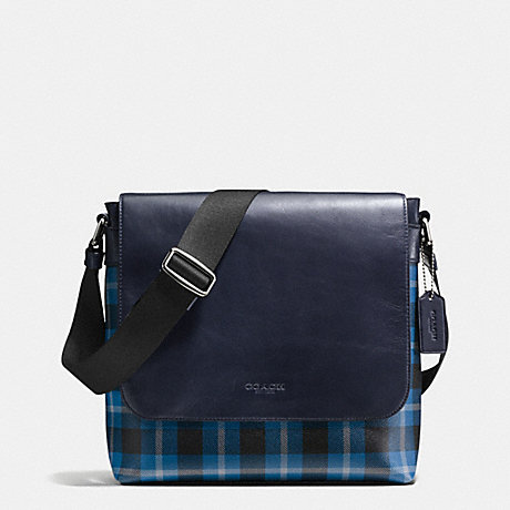 COACH f55490 CHARLES SMALL MESSENGER IN PRINTED COATED CANVAS BLACK/DENIM PLAID