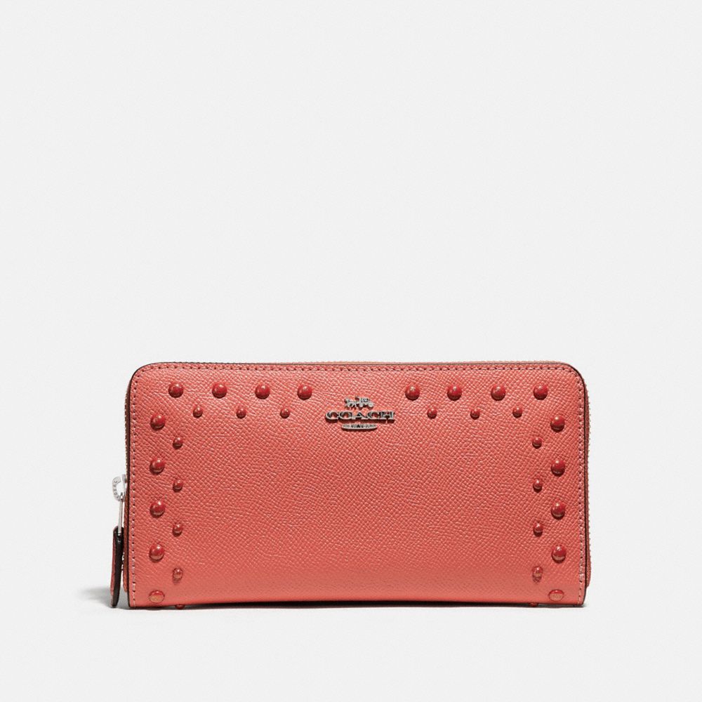 COACH F55610 - ACCORDION ZIP WALLET WITH STUDS CORAL/SILVER