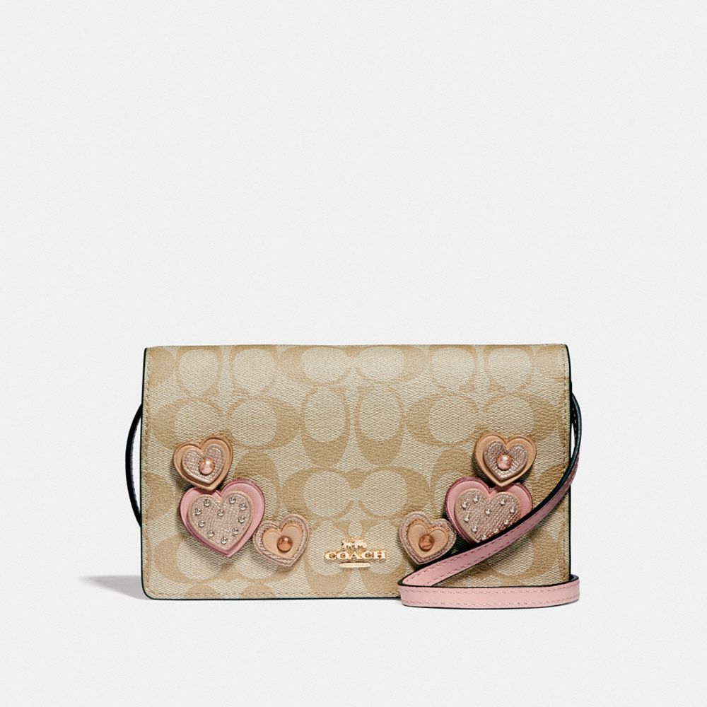 HAYDEN FOLDOVER CROSSBODY CLUTCH IN SIGNATURE CANVAS WITH HEART APPLIQUE - F55612 - KHAKI MULTI /IMITATION GOLD