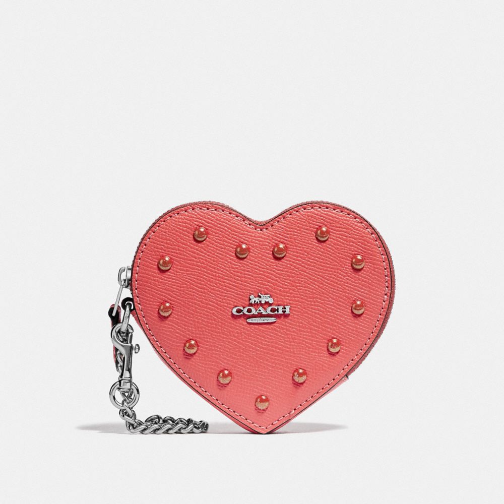 COACH F55620 Heart Coin Case With Studs CORAL/SILVER