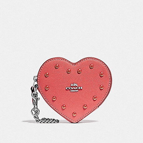 COACH F55620 HEART COIN CASE WITH STUDS CORAL/SILVER