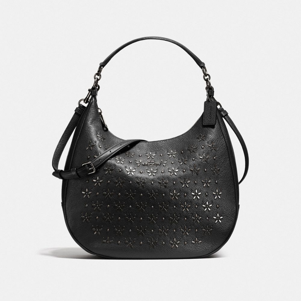 COACH F55632 HARLEY HOBO WITH FLORAL STUDS BLACK ANTIQUE NICKEL/BLACK