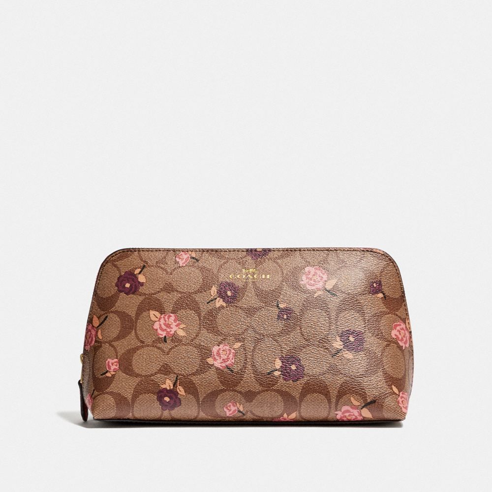 COACH COSMETIC CASE 22 IN SIGNATURE CANVAS WITH TOSSED PEONY PRINT - KHAKI/PINK MULTI/IMITATION GOLD - F55640