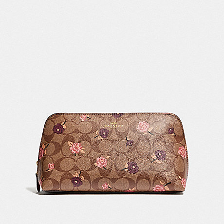 COACH COSMETIC CASE 22 IN SIGNATURE CANVAS WITH TOSSED PEONY PRINT - KHAKI/PINK MULTI/IMITATION GOLD - F55640