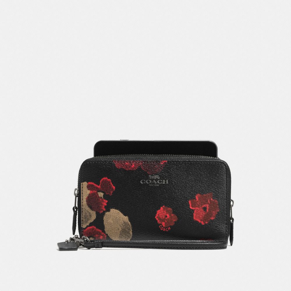 DOUBLE ZIP PHONE WALLET IN HALFTONE FLORAL PRINT COATED CANVAS - ANTIQUE NICKEL/BLACK MULTI - COACH F55676