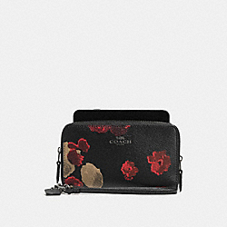 COACH F55676 Double Zip Phone Wallet In Halftone Floral Print Coated Canvas ANTIQUE NICKEL/BLACK MULTI