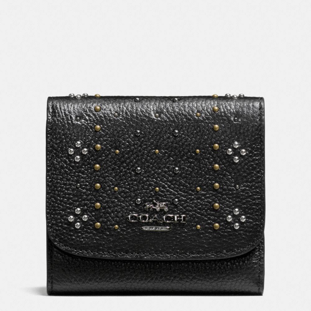 COACH F55720 SMALL WALLET IN POLISHED PEBBLE LEATHER WITH BANDANA RIVETS DARK-GUNMETAL/BLACK