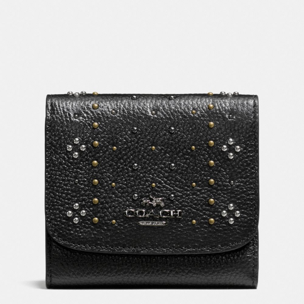 COACH SMALL WALLET IN POLISHED PEBBLE LEATHER WITH BANDANA RIVETS - DARK GUNMETAL/BLACK - F55720