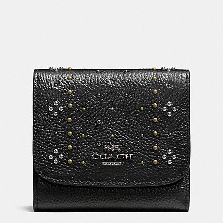 COACH f55720 SMALL WALLET IN POLISHED PEBBLE LEATHER WITH BANDANA RIVETS DARK GUNMETAL/BLACK