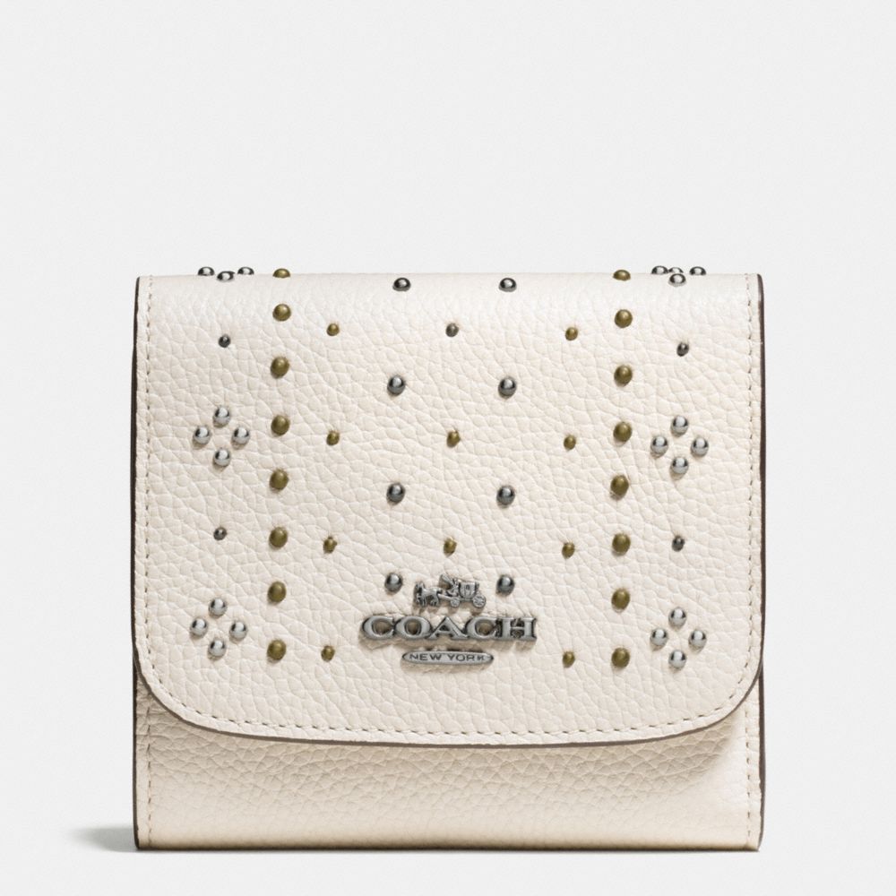 COACH F55720 Small Wallet In Polished Pebble Leather With Bandana Rivets DARK GUNMETAL/CHALK