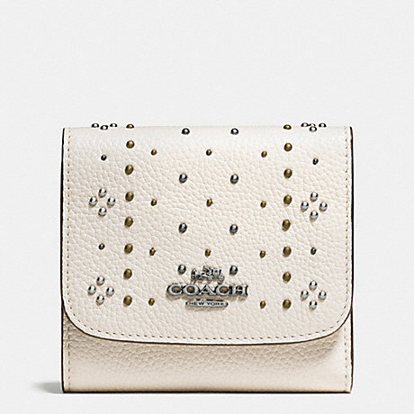 COACH f55720 SMALL WALLET IN POLISHED PEBBLE LEATHER WITH BANDANA RIVETS DARK GUNMETAL/CHALK