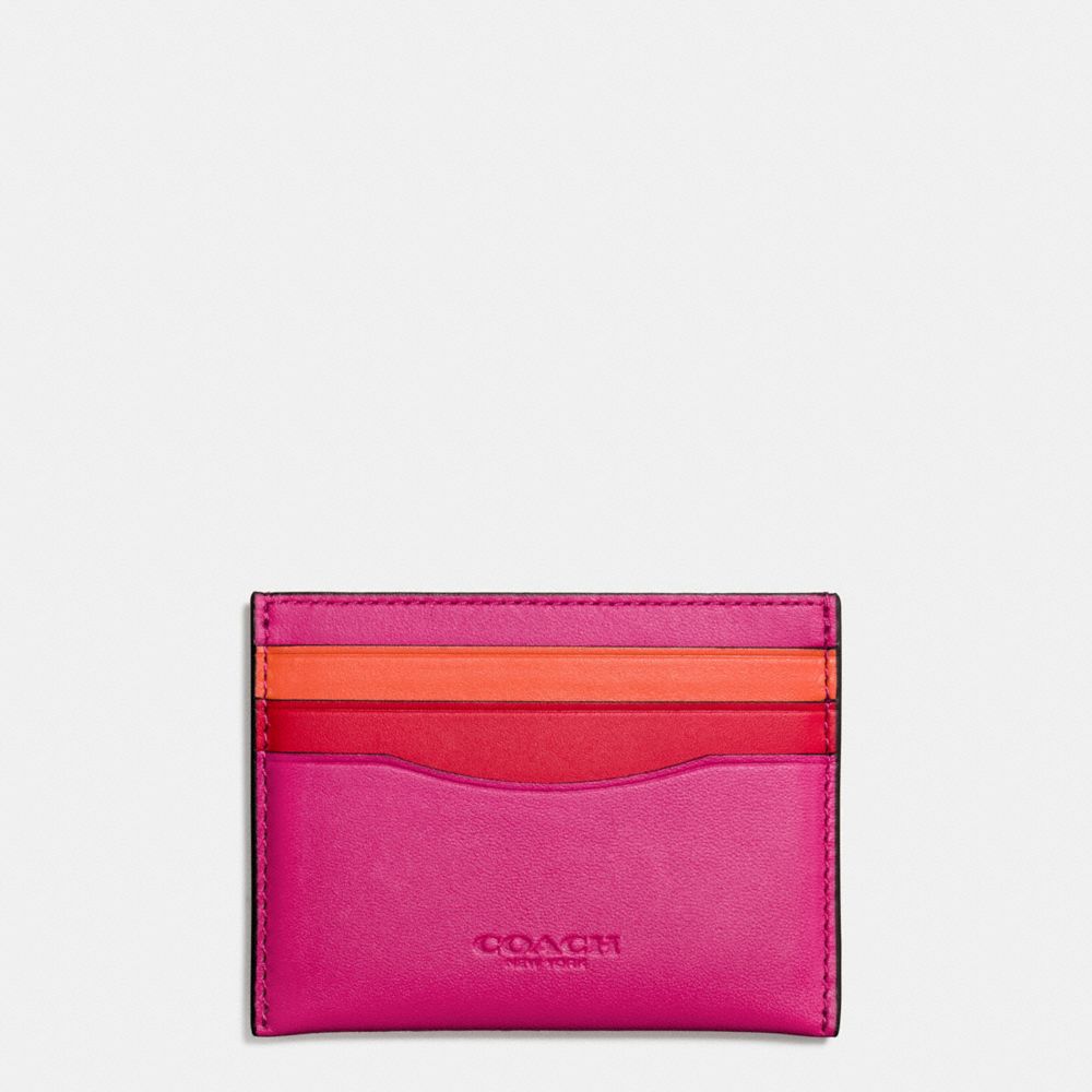 COACH f55721 FLAT CARD CASE IN COLORBLOCK LEATHER DARK GUNMETAL/CERISE/RED/VINTAGE ORANGE