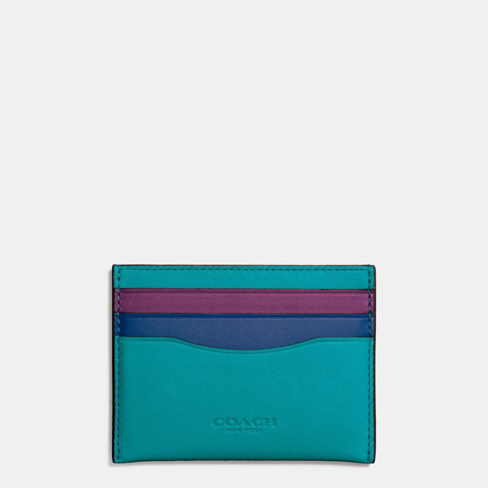 COACH F55721 - FLAT CARD CASE IN COLORBLOCK LEATHER DARK GUNMETAL/TURQUOISE/DENIM/AUBERGINE