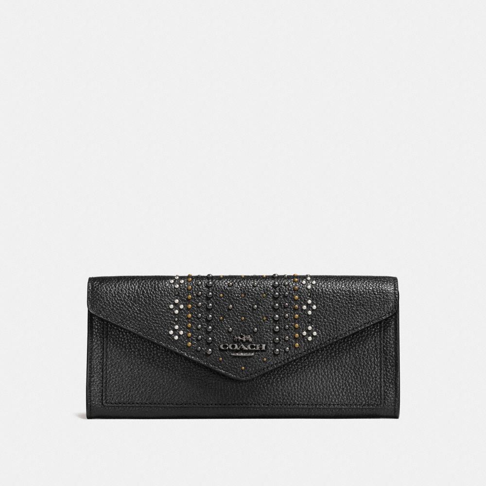 COACH F55723 Soft Wallet In Polished Pebble Leather With Bandana Rivets DARK GUNMETAL/BLACK