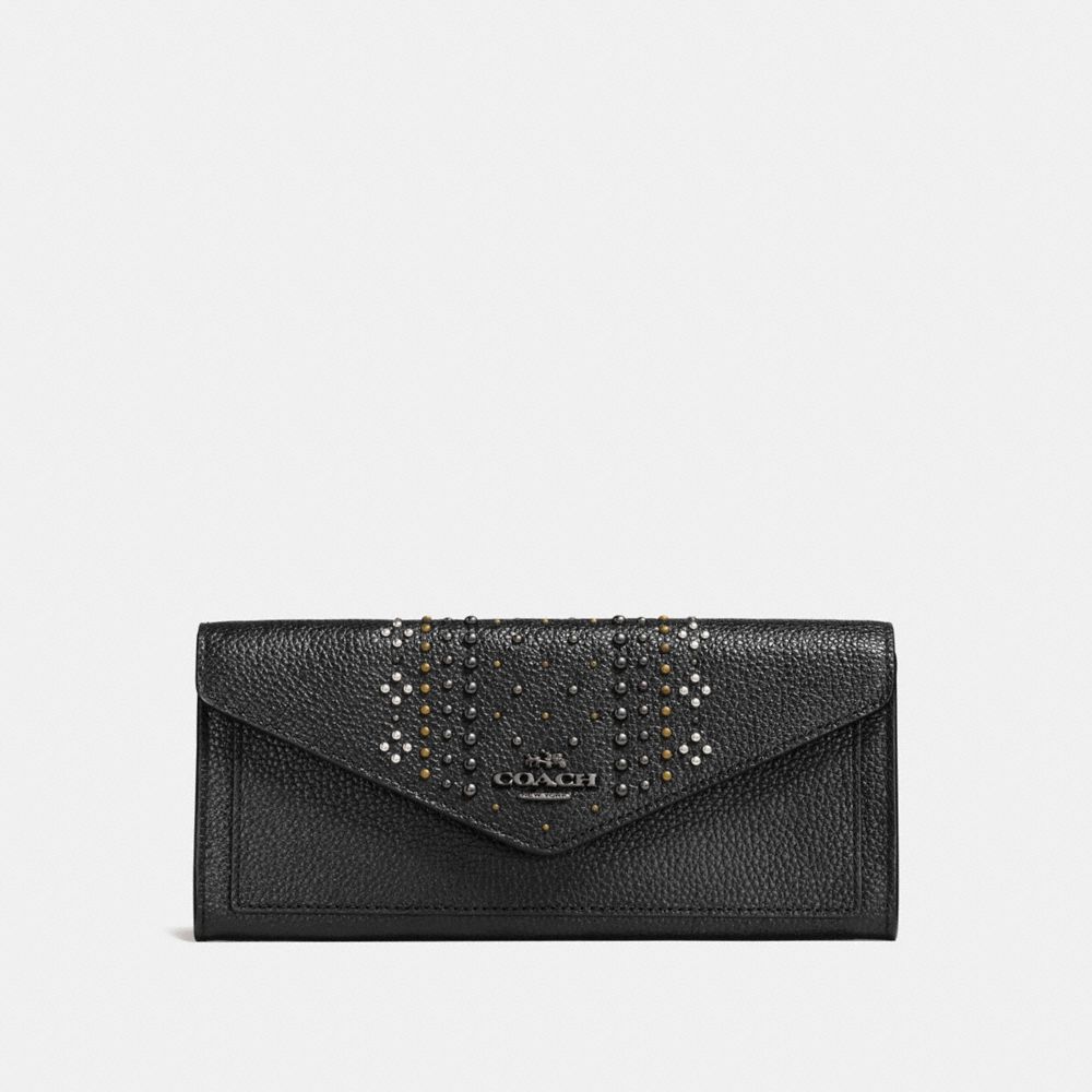 COACH f55723 SOFT WALLET IN POLISHED PEBBLE LEATHER WITH BANDANA RIVETS DARK GUNMETAL/BLACK