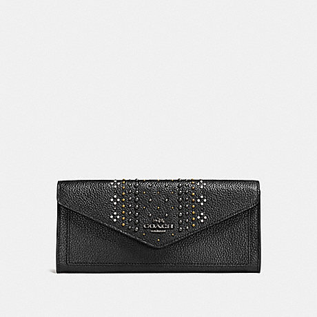 COACH f55723 SOFT WALLET IN POLISHED PEBBLE LEATHER WITH BANDANA RIVETS DARK GUNMETAL/BLACK