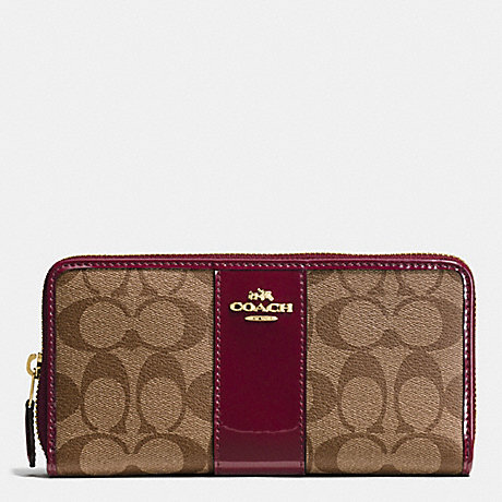 COACH F55733 BOXED ACCORDION ZIP WALLET IN SIGNATURE WITH PATENT LEATHER IMITATION-GOLD/KHAKI-BURGUNDY