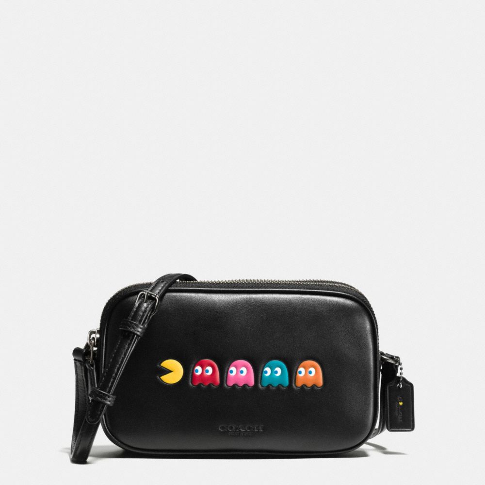 COACH F55743 PAC MAN CROSSBODY POUCH IN CALF LEATHER ANTIQUE-NICKEL/BLACK