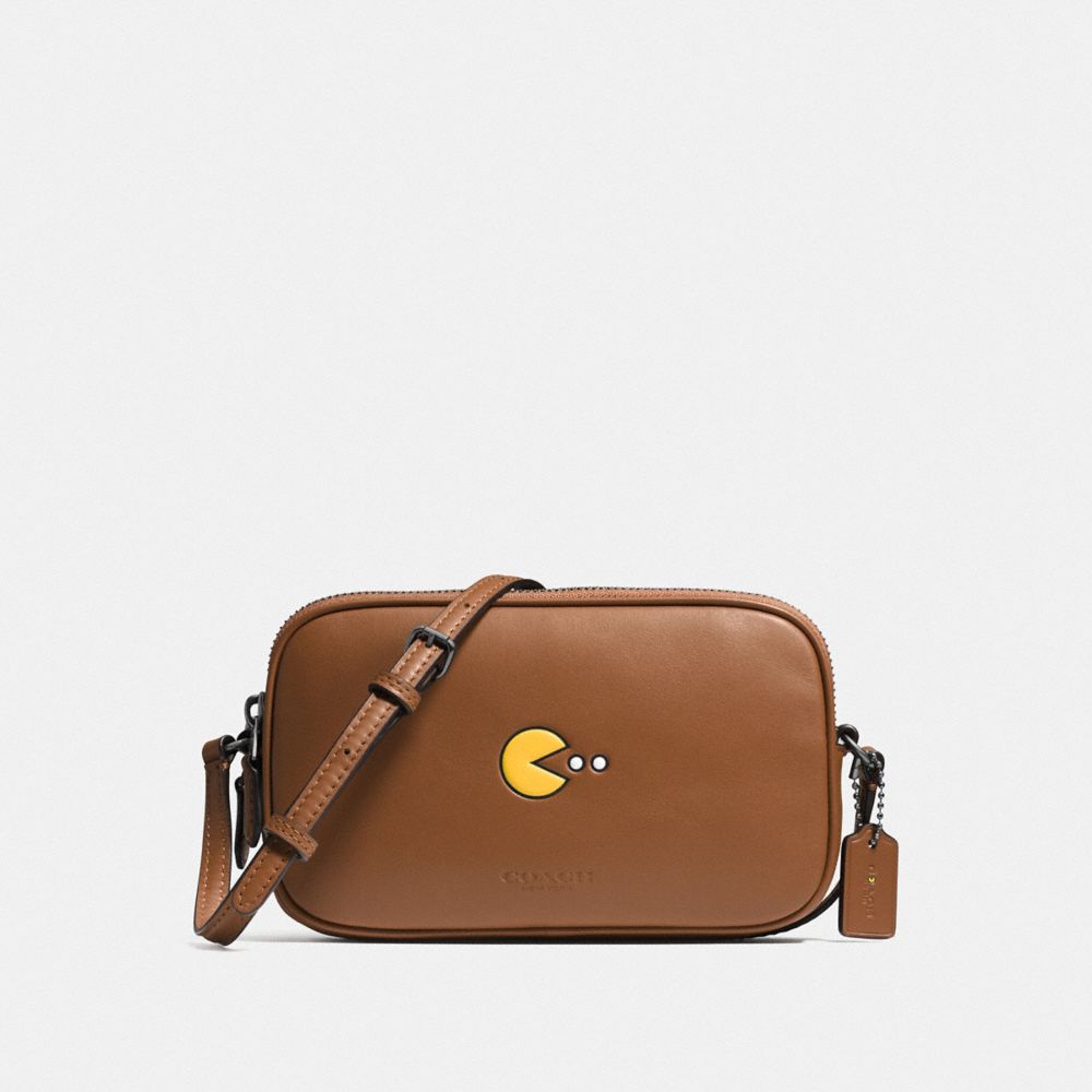 COACH F55743 PAC MAN CROSSBODY POUCH IN CALF LEATHER ANTIQUE-NICKEL/SADDLE