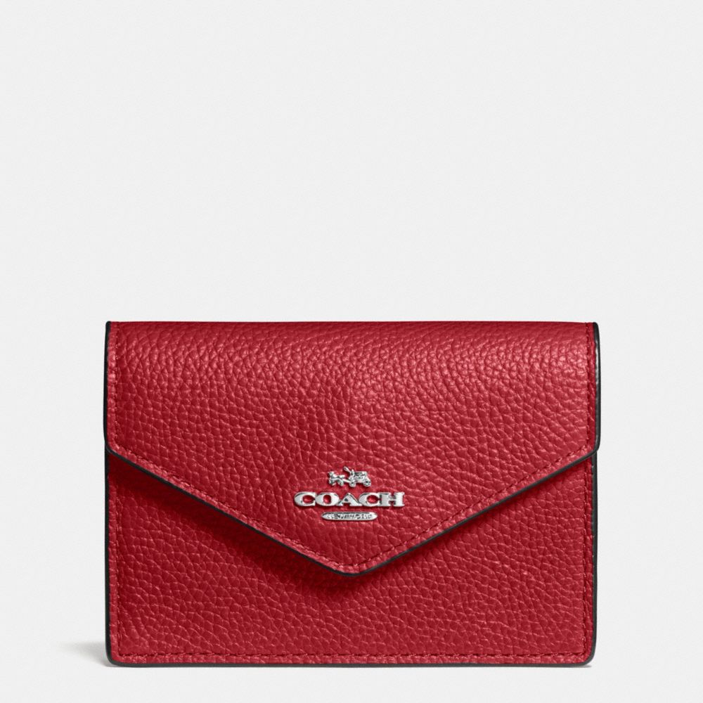 COACH F55749 Envelope Card Case In Polished Pebble Leather SILVER/RED CURRANT
