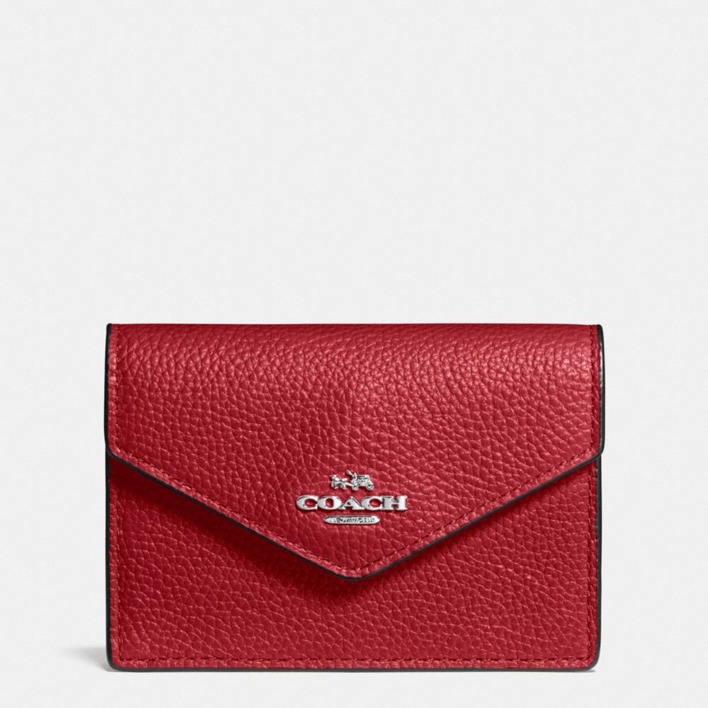 COACH f55749 ENVELOPE CARD CASE IN POLISHED PEBBLE LEATHER SILVER/RED CURRANT