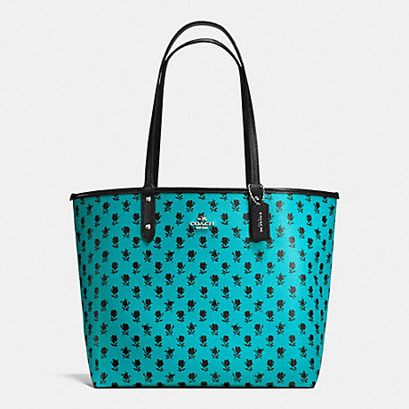 COACH f55863 REVERSIBLE CITY TOTE IN BADLANDS FLORAL PRINT CANVAS SILVER/TURQUOISE MULTI BLACK