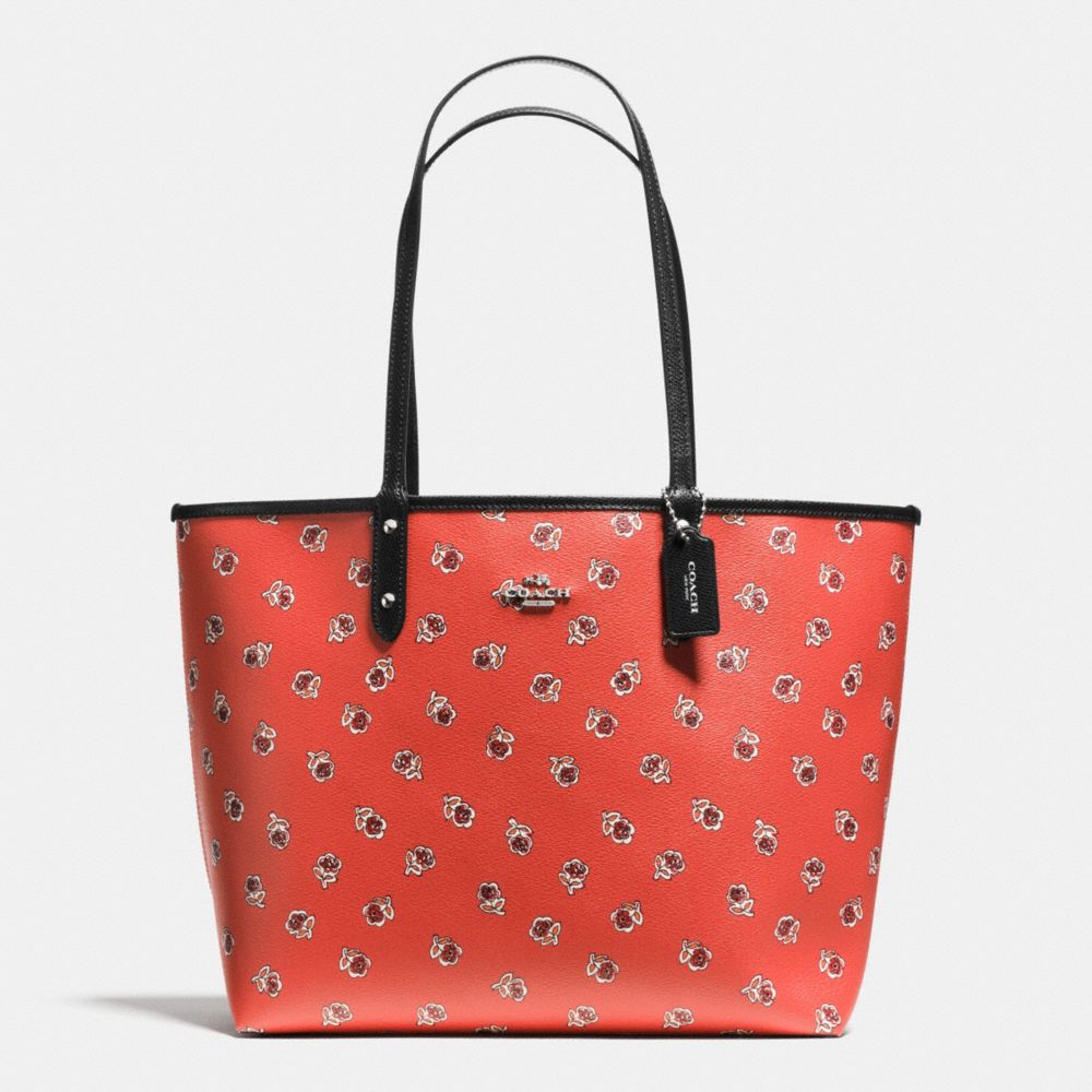 COACH F55864 Reversible City Tote In Sienna Rose Floral Print Canvas SILVER/WATERMELON MULTI/BLACK