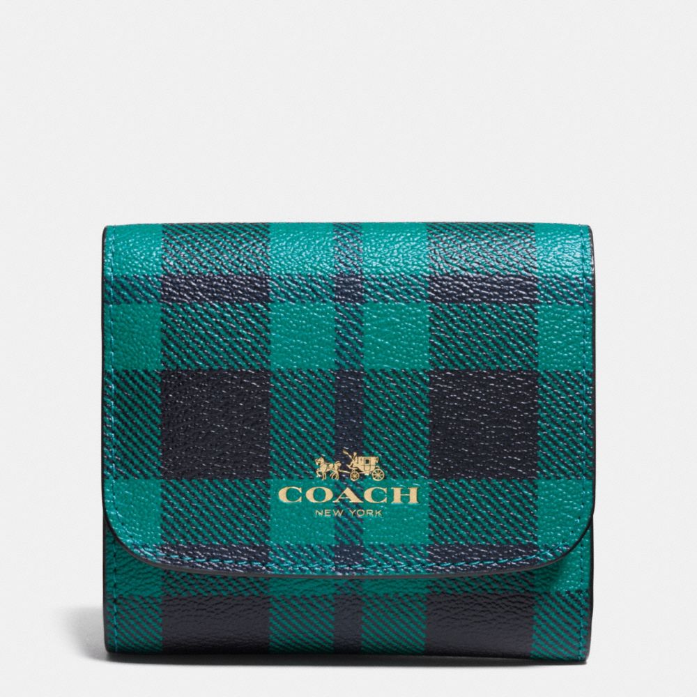 COACH F55934 Small Wallet In Riley Plaid Print Coated Canvas IMITATION GOLD/ATLANTIC MULTI
