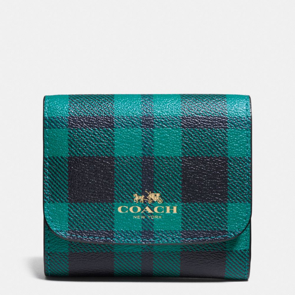 COACH f55934 SMALL WALLET IN RILEY PLAID PRINT COATED CANVAS IMITATION GOLD/ATLANTIC MULTI