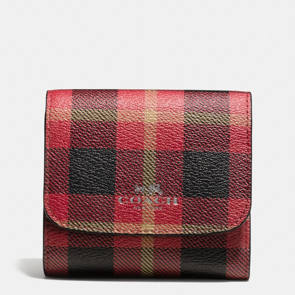 COACH F55934 Small Wallet In Riley Plaid Print Coated Canvas QB/TRUE RED MULTI