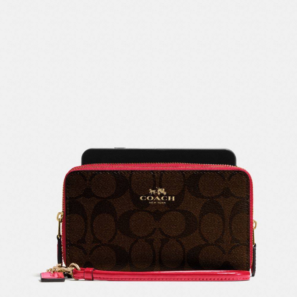BOXED DOUBLE ZIP PHONE WALLET IN SIGNATURE WITH PATENT LEATHER TRIM - IMITATION GOLD/BROW TRUE RED - COACH F55978
