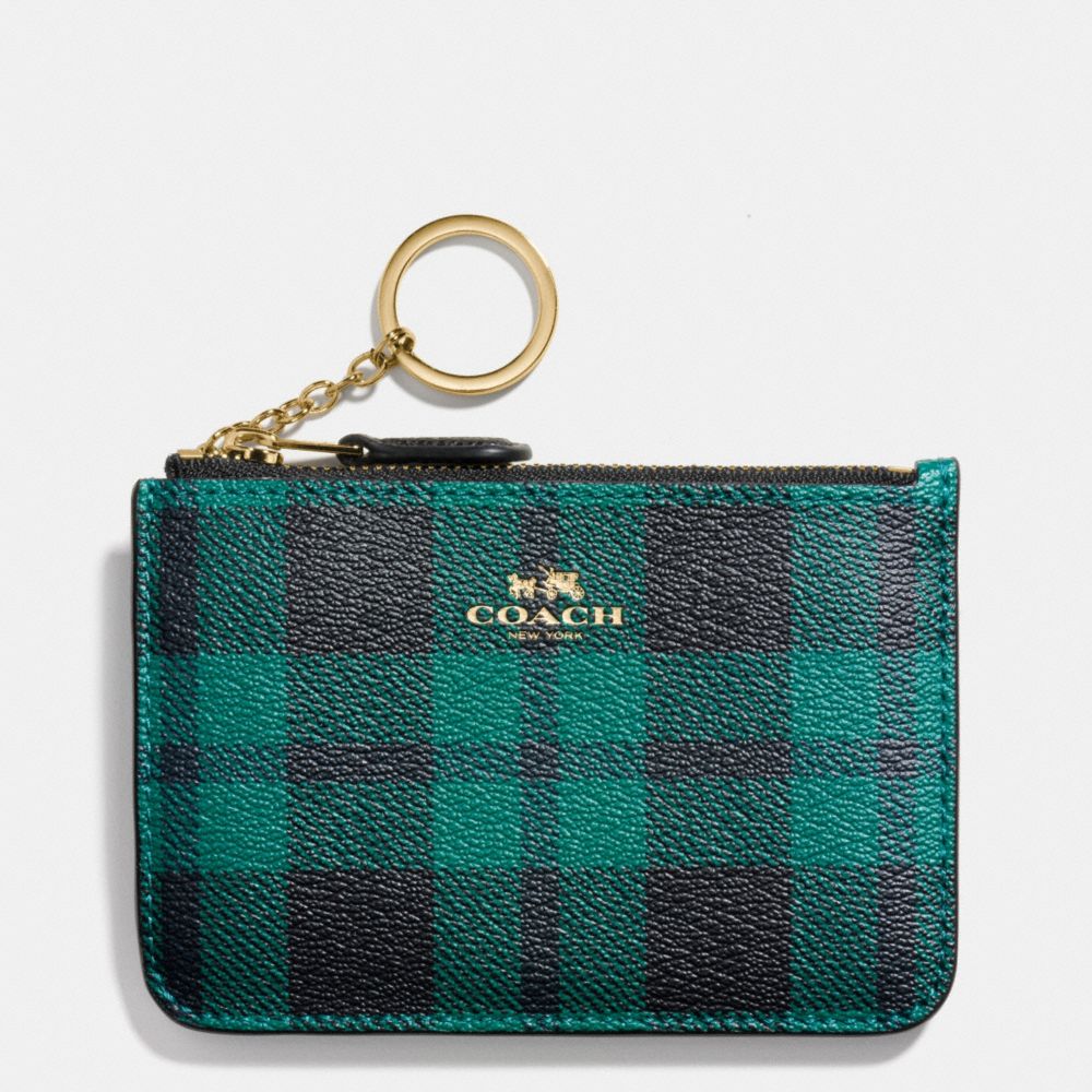 COACH f55990 KEY POUCH WITH GUSSET IN RILEY PLAID COATED CANVAS IMITATION GOLD/ATLANTIC MULTI