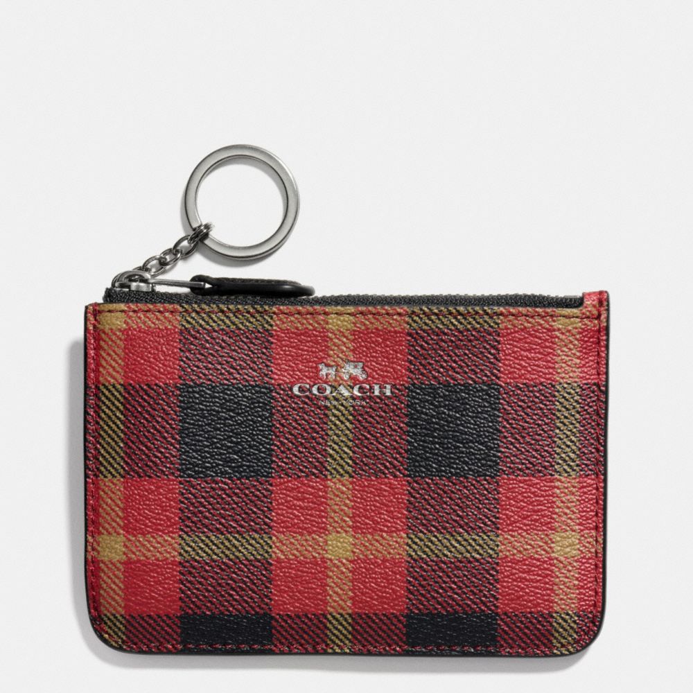 COACH F55990 Key Pouch With Gusset In Riley Plaid Coated Canvas QB/TRUE RED MULTI