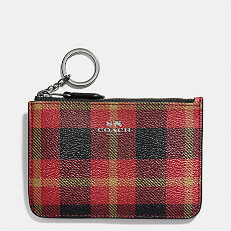COACH F55990 KEY POUCH WITH GUSSET IN RILEY PLAID COATED CANVAS QB/TRUE-RED-MULTI