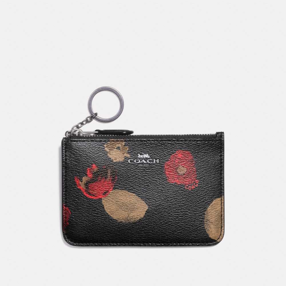 KEY POUCH WITH GUSSET IN HALFTONE FLORAL PRINT COATED CANVAS - f55999 - ANTIQUE NICKEL/BLACK MULTI