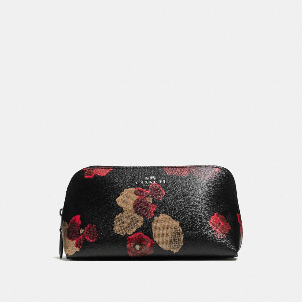 COSMETIC CASE 17 IN HALFTONE FLORAL PRINT COATED CANVAS - f56001 - ANTIQUE NICKEL/BLACK MULTI