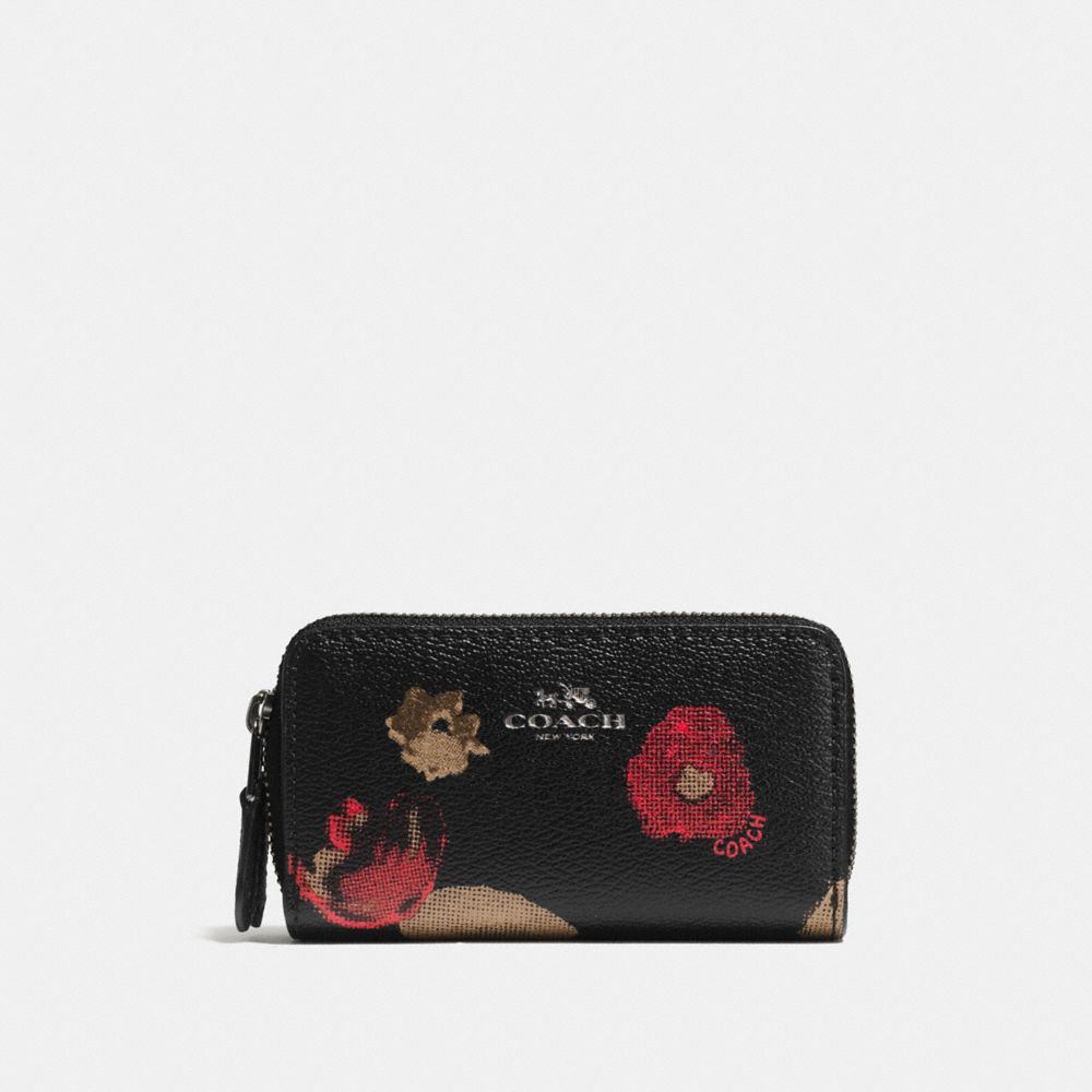 COACH F56002 SMALL DOUBLE ZIP COIN CASE IN  HALFTONE FLORAL PRINT COATED CANVAS ANTIQUE-NICKEL/BLACK-MULTI