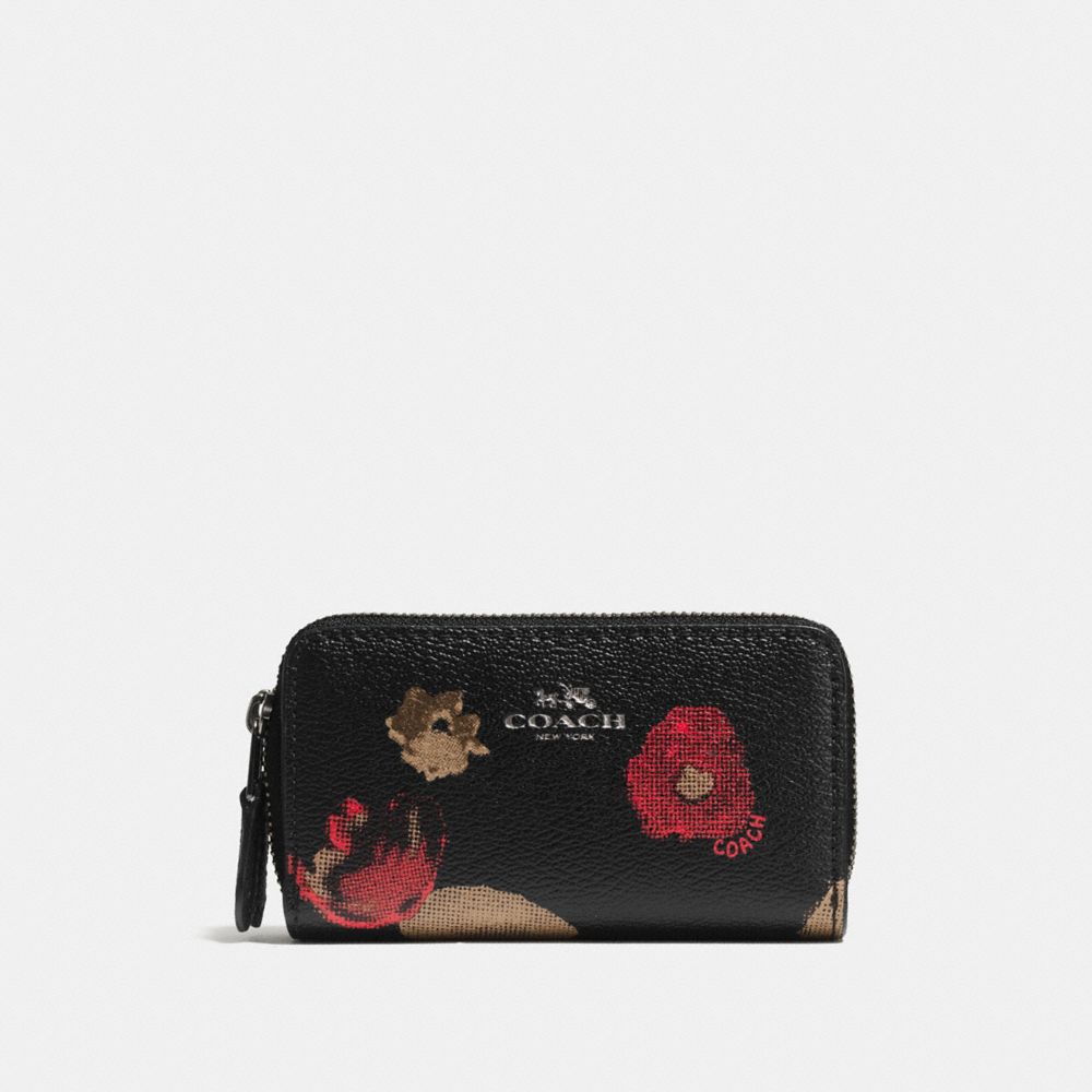 COACH f56002 SMALL DOUBLE ZIP COIN CASE IN  HALFTONE FLORAL PRINT COATED CANVAS ANTIQUE NICKEL/BLACK MULTI