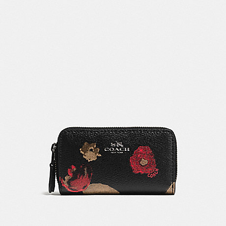 COACH f56002 SMALL DOUBLE ZIP COIN CASE IN  HALFTONE FLORAL PRINT COATED CANVAS ANTIQUE NICKEL/BLACK MULTI