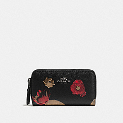 COACH F56002 Small Double Zip Coin Case In  Halftone Floral Print Coated Canvas ANTIQUE NICKEL/BLACK MULTI