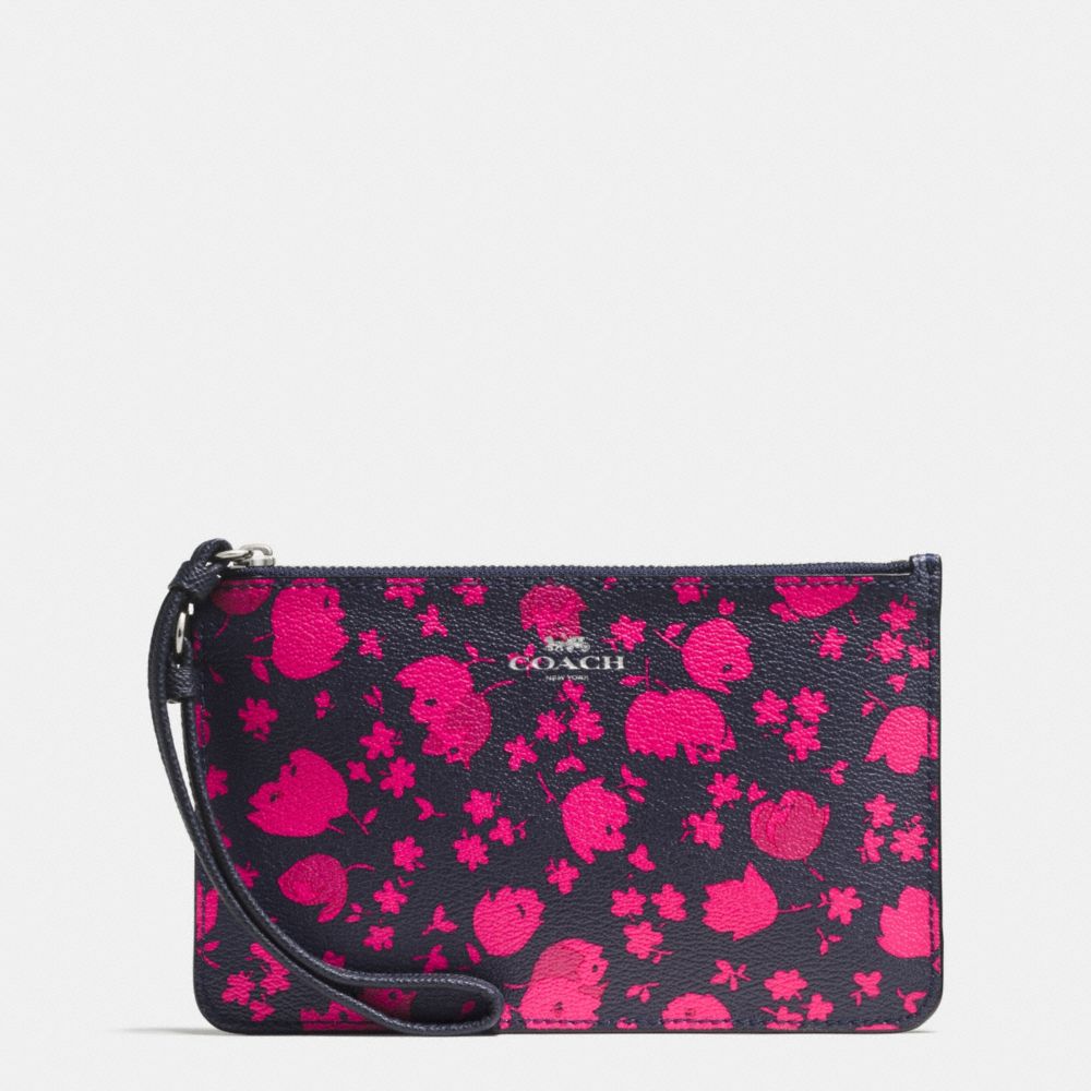 COACH F56025 Small Wristlet In Prairie Calico Floral Print Canvas SILVER/MIDNIGHT PINK RUBY
