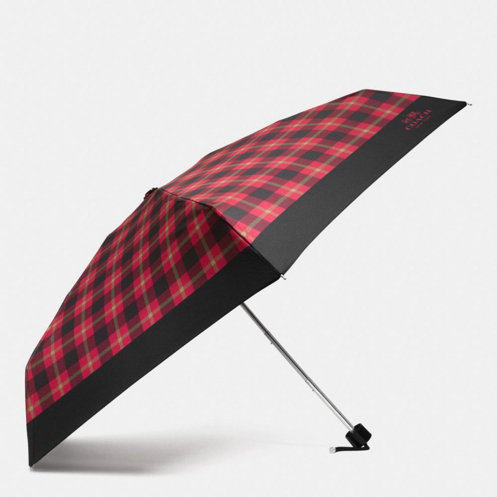 COACH F56050 Signature Plaid Mini Umbrella SILVER/TRUE RED MULTI